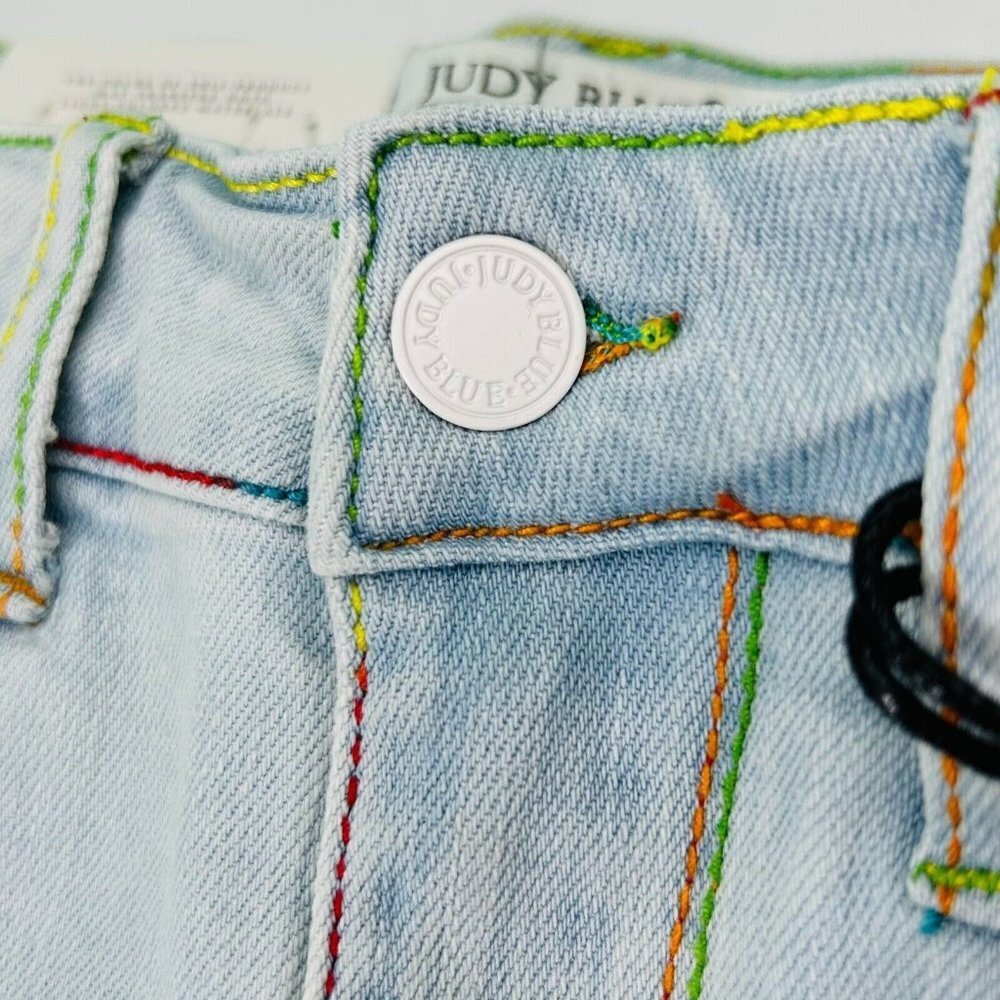 Judy Blue Jean Shorts Womens Size M or L Mid Rise Light Wash Rainbow Stitching - Picture 3 of 13